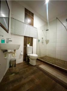 a bathroom with a toilet and a sink and a shower at Swane’s guesthouse in Rustenburg
