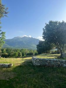 a stone wall in a field with mountains in the background at La Cabane de Mercone Crenu in Corte