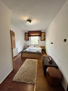 a bedroom with a bed and a table and a rug at Pensiunea Lorena in Bran