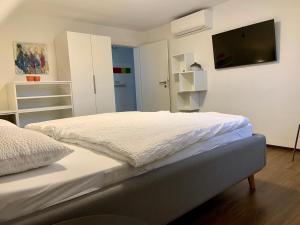 een slaapkamer met een bed en een flatscreen-tv bij Apartment im alten Rathaus in Malterdingen