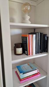 a book shelf with books and a light on it at Tiny house ''De Veenpolder'' in De Veenhoop