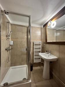 a bathroom with a sink and a shower at Pensiunea Lorena in Bran