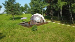 an aerial view of a yurt in a field at Glamping Zarasai in Palivarkas