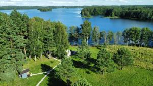 an aerial view of a lake with trees and a house at Glamping Zarasai in Palivarkas