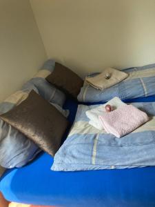 un par de camas con almohadas encima en Toll Apartment mit privatem Eingang free Parking Slbst Check-in NETFLIX 30 Zone ruhig en Duisburg