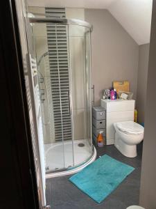 a bathroom with a shower and a toilet at Cosy room in cul de sac location’s home in Dagenham