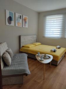 1 Schlafzimmer mit 2 Betten, einem Sofa und einem Tisch in der Unterkunft Apartman Andjela in Plužine
