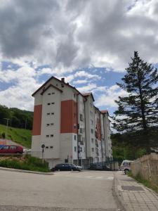 ein großes Gebäude mit Autos auf einem Parkplatz in der Unterkunft Apartman Andjela in Plužine