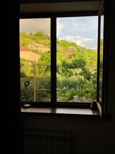 een raam met uitzicht op de tuin. bij Guest House SAMAN in Garni