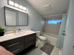 a bathroom with a sink and a toilet and a mirror at Entire Brand new 3 bed 2 bath Guesthouse in Vancouver