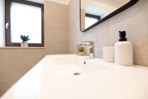 塔尔4 ELEMENTS - Luxury Family Apartments的带白色水槽和镜子的浴室