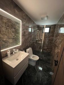 La salle de bains est pourvue d'un lavabo, de toilettes et d'une douche. dans l'établissement Kul House - Cazare, à Băileşti