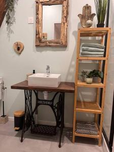 a bathroom with a sink and a mirror at Gîte "Le Voyageur" in Chamblet