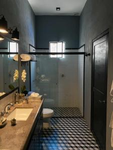 uma casa de banho com um WC, um lavatório e um chuveiro em Hotel Nena Centro em San Miguel de Allende