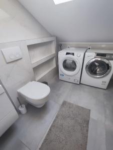 a bathroom with a toilet and a washing machine at Apartment Loft in Sinj