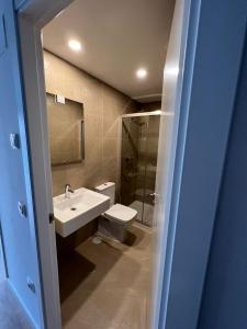 y baño con lavabo, aseo y ducha. en Mars Suites Porras, en Madrid