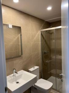 ein Bad mit einem WC, einem Waschbecken und einer Dusche in der Unterkunft Mars Suites Porras in Madrid