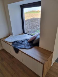 瓦圖的住宿－In de Voorstad Watou，一个小房子里的一个靠窗的座位,有毯子