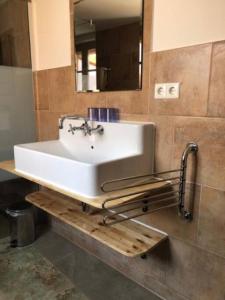 ein Badezimmer mit einem weißen Waschbecken und einem Spiegel in der Unterkunft Ferienhaus im Haus der Künste in Rhodt unter Rietburg