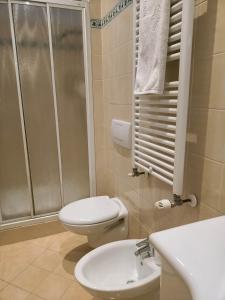 La salle de bains est pourvue de toilettes, d'un lavabo et d'une douche. dans l'établissement Masc 26, à Bologne
