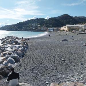 a man sitting on the rocks on a beach at ANFORA HOUSE in Genoa