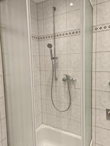 a bathroom with a shower with a glass door at Tor zur Teufelsschlucht in Ferschweiler
