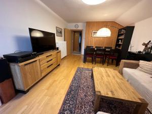 a living room with a flat screen tv and a couch at Dachsteinblick apartment in Ramsau am Dachstein
