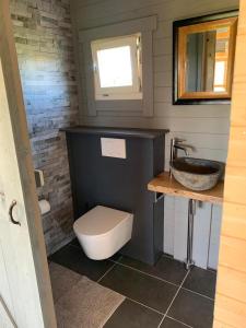 a small bathroom with a toilet and a sink at Fields 1216 in Zwaanshoek