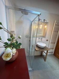 een badkamer met een glazen douche en een wastafel bij Casa al Castello in Rosignano Marittimo