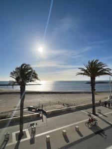 a view of a beach with palm trees and the ocean at Appartement Mar e Souleu avec Terrasse et Vue Mer au Grau du Roi in Le Grau-du-Roi