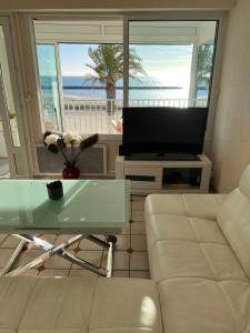 a living room with a couch and a television at Appartement Mar e Souleu avec Terrasse et Vue Mer au Grau du Roi in Le Grau-du-Roi