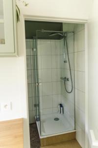 um chuveiro com uma porta de vidro na casa de banho em Bijgebouw hoeve in landelijke omgeving em Putte