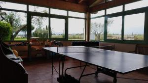 een eetkamer met een tafel en grote ramen bij Agriturismo Casale San Benedetto in Ceri