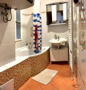 uma casa de banho com uma banheira, um lavatório e um chuveiro em Super Old Town em Praga