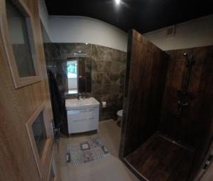 uma casa de banho com um chuveiro, um WC e um lavatório. em Apartmány Domaša Poľany em Holčíkovce
