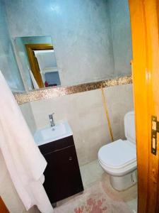 uma casa de banho com um WC, um lavatório e um espelho. em Appartamento a mohammadia AL KAWTAR em Mohammedia