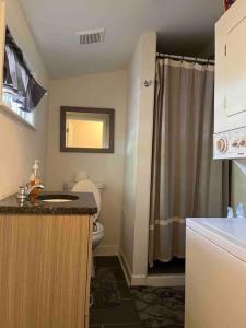 a bathroom with a toilet and a sink and a shower at A Sports Fan Getaway in Baltimore