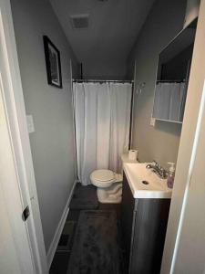 a small bathroom with a toilet and a sink at A Sports Fan Getaway in Baltimore