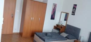 1 dormitorio con 1 cama y puerta de madera en Penzion Forest, en Rozvadov