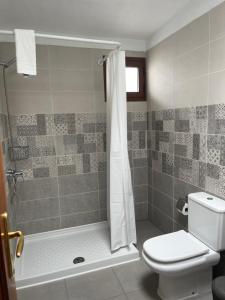 uma casa de banho com um WC e um chuveiro com uma cortina de chuveiro em Apartamentos Finca Wapa em Frontera