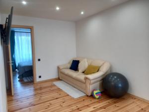 a living room with a couch and a ball at Cosy Apartment in City Center in Liepāja