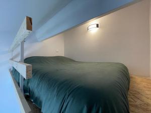 a bedroom with a bed with a green comforter at La Gaillardine T2+mezzanine 35m2 in Roquebrune-sur-Argens +9 photos