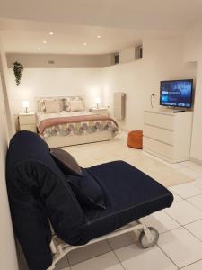 sypialnia z łóżkiem i telewizorem z płaskim ekranem w obiekcie Charmante villa proche de la gare et de Paris w mieście Pavillons-sous-Bois