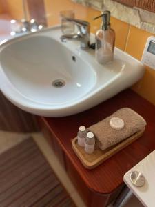 a bathroom sink with two medicine bottles on a wooden table at Czym Chata Bogata in Korbielów