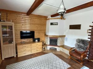 a living room with a television and a fireplace at Czym Chata Bogata in Korbielów