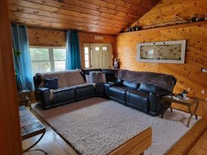 a living room with a leather couch in a room with wooden walls at Legend Rock Lodge in South Kingstown