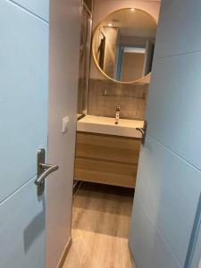 ein Bad mit einem Waschbecken und einem Spiegel in der Unterkunft Athéna OHANA, les pieds dans l'eau in Bandol