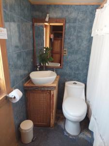 bagno con servizi igienici, lavandino e specchio di CASAS AMANCAY - Alcohuaz ad Alcoguaz