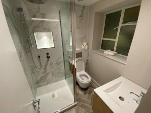 a bathroom with a shower and a toilet and a sink at 39 steps to Harrods 2 Beds with AC in London