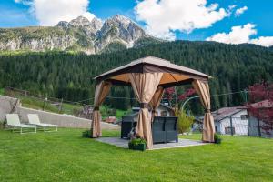 un cenador en un patio con una montaña en Appartamenti Patrizia, en San Pietro di Cadore